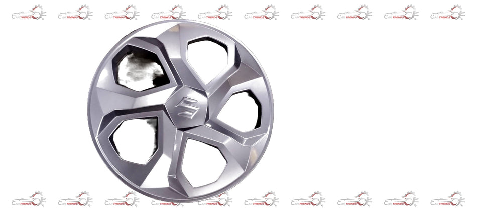 Maruti Suzuki Brezza wheel cover with black and silver design, fitting a vehicle wheel on a white background.