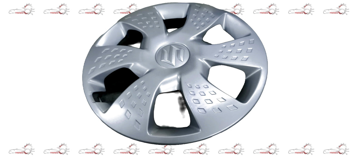 Maruti Suzuki 13-inch wheel cover showing a sleek black design with silver accents on a car wheel.