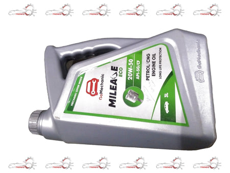 GOMECHANIC 20w50 Eco Mileage car engine oil 3L pack for all car types, showing the oil container with label and cap.