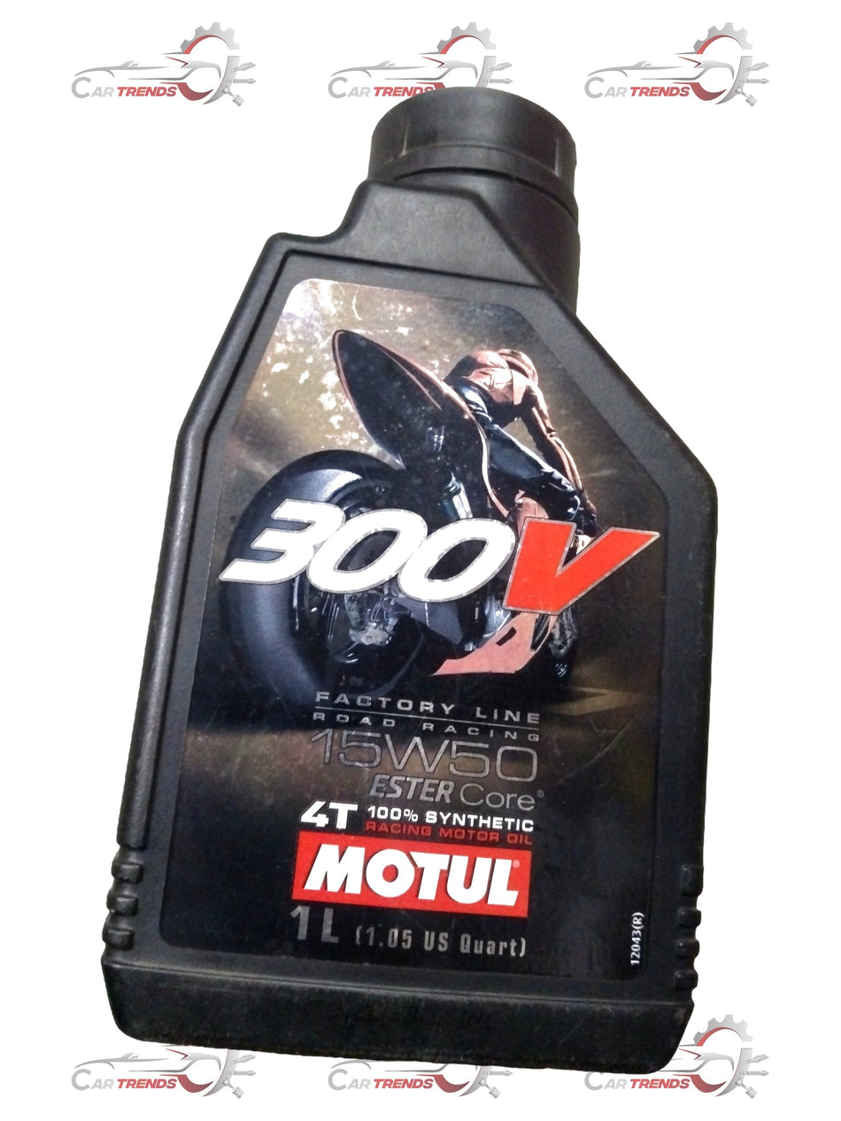 MOTUL 300V 15W50 motor oil spare parts container with label, featuring the MOTUL logo and product specifications.