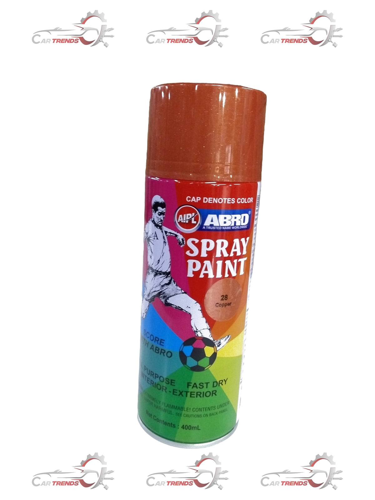 CarTrends Copper Abro spray paint can, metallic copper finish, aerosol container suitable for automotive and craft projects.