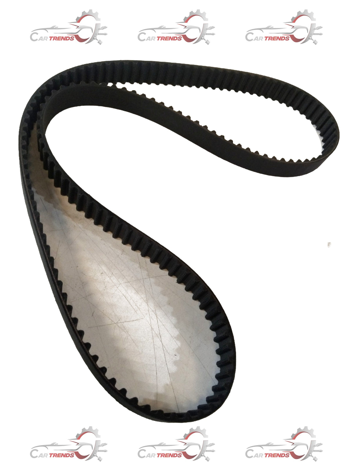 Tata timing belt 572405116301, spare auto parts, close-up of black rubber belt with metal teeth for engine timing.