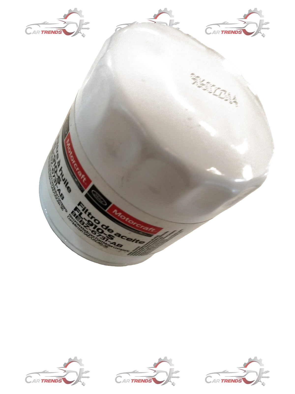 Ford CarTrends oil filter BE8Z6731AC showing a cylindrical metal exterior with threading and rubber seal on one end