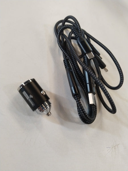 CarTrends 100W fast car charger with 5-in-1 cable and multiple connectors, shown plugged into a vehicle's power outlet.