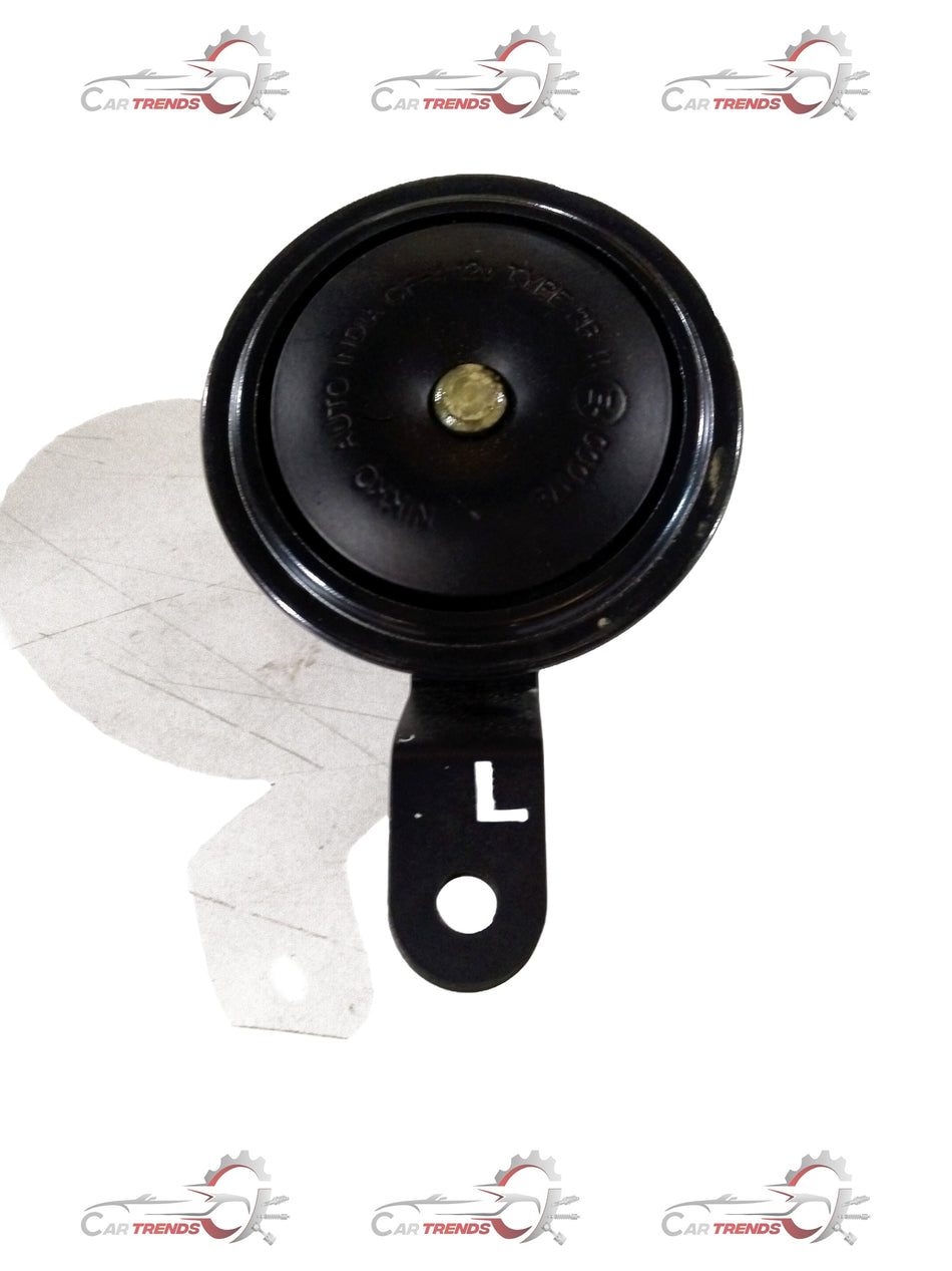 Maruti Suzuki low pitched horn assembly for Swift, WagonR, Alto, Dzire models, shown in close-up view.