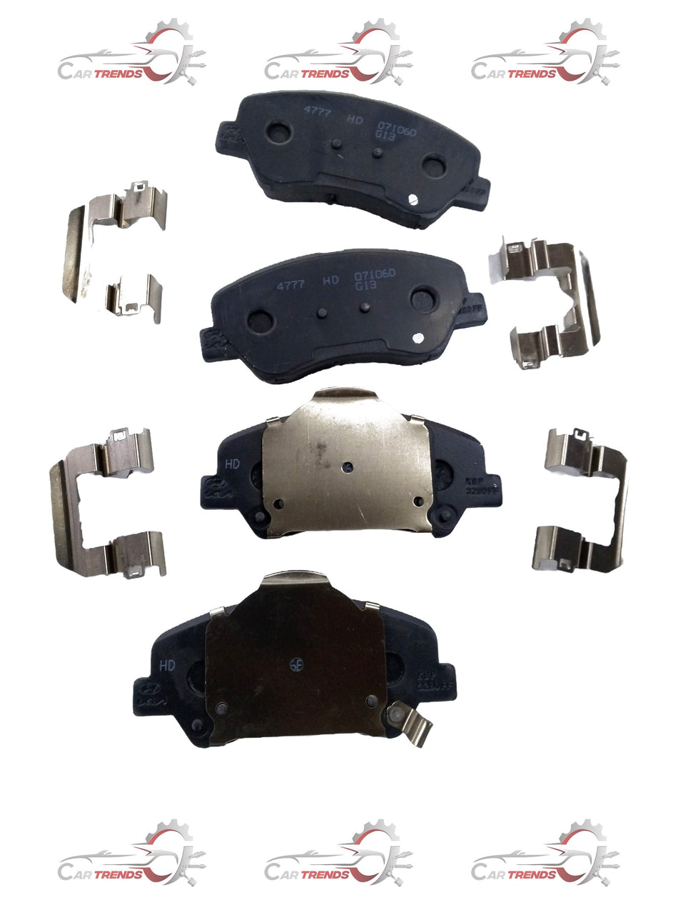 Hyundai CarTrends front brake pad for Verna model, showing the black metal brake pad with mounting holes and friction surface.