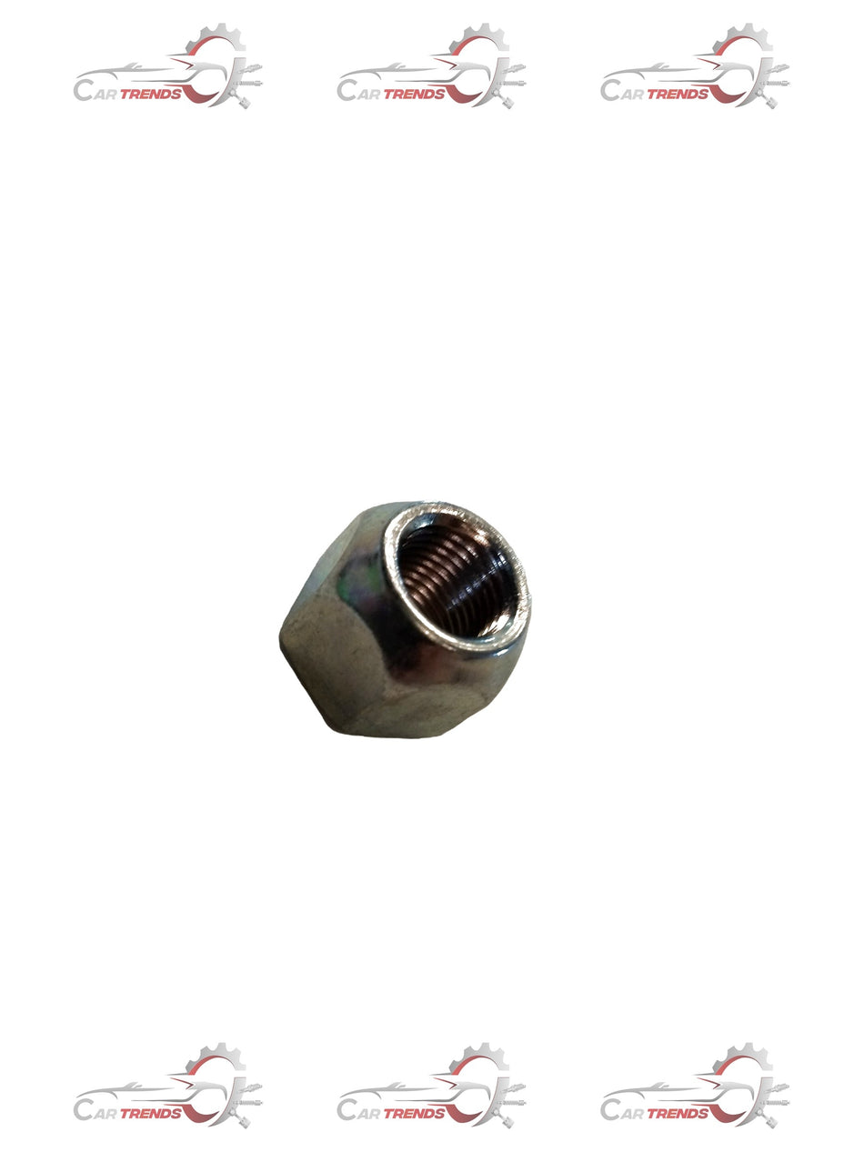 Maruti Suzuki wheel nut for Swift, Dzire, Baleno, and Breza models, close-up of the steel wheel nut with threading.