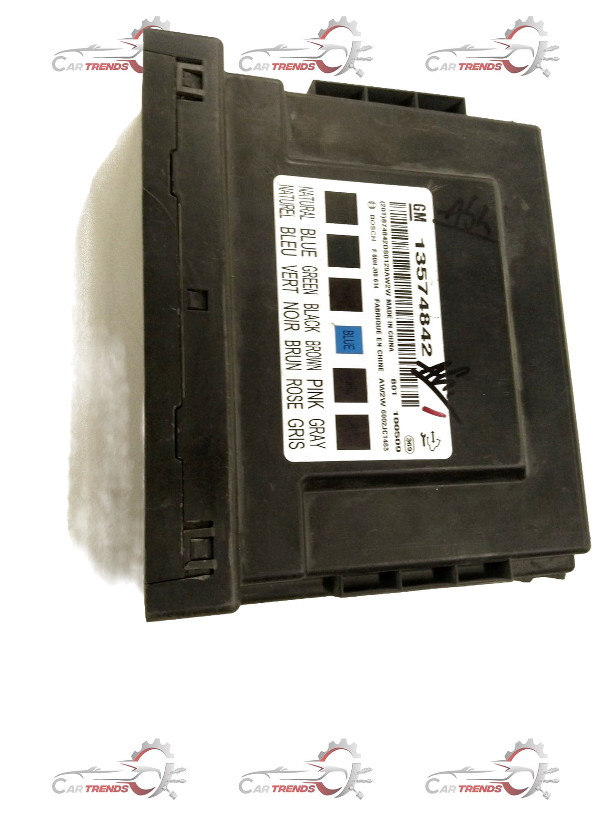 General Motors Chevrolet Cruze module body control unit, black rectangular electronic component with connectors and circuit board visible.