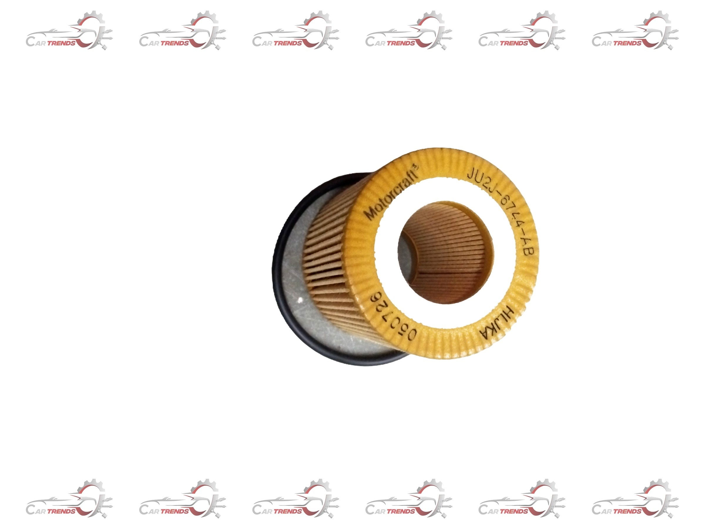 Ford oil filter JU2Z6731B, automotive replacement part, showing the cylindrical metal filter with branding details.