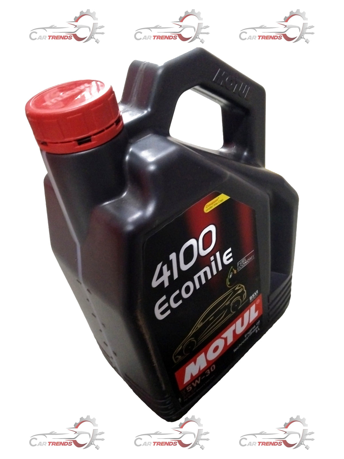 CarTrends ECOMILE 5W30 4100 motor oil 5L for Punch, Altroz, Safari, Harrier vehicles, showing the oil container with label.