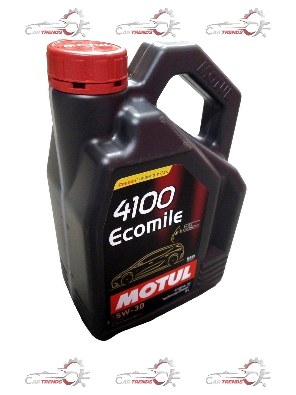 CarTrends ECOMILE 5W30 4100 3L engine oil container with label for PUNCH, ALTROZ, SAFARI, and HARRIER vehicles.