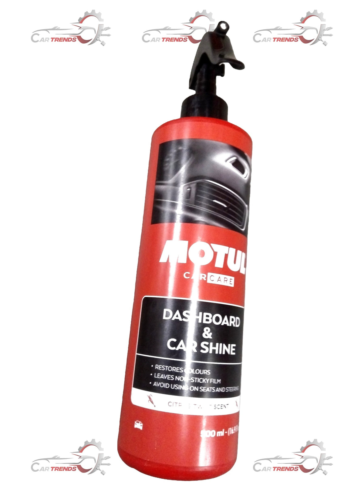 CarTrends Dashboard and car shine bottles for Punch, Altroz, Safari, Harrier, 12x500ml cleaning products in the image.