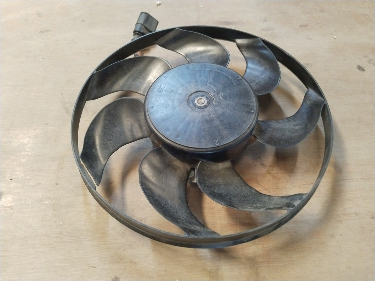 Volkswagen electric fan for Golf and Jetta models, showing the fan unit with motor and blades, part number #1K0959455ET.