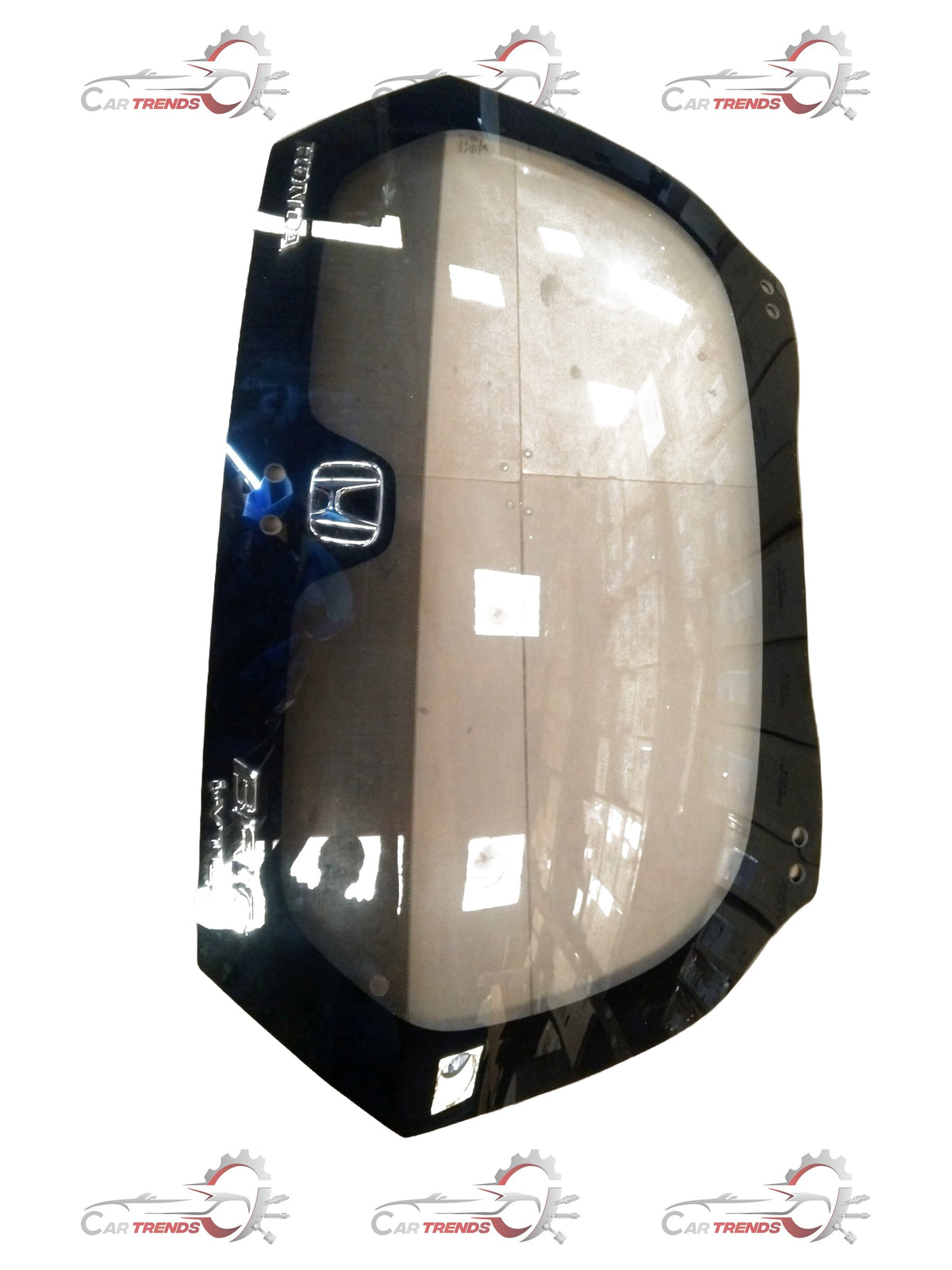 Honda Brio rear windshield glass set, clear safety glass with mounting edges, designed for Honda Brio model.
