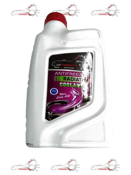 CarTrends pink 1L coolant bottle for all cars and variants, showing the pink coolant liquid inside the container.