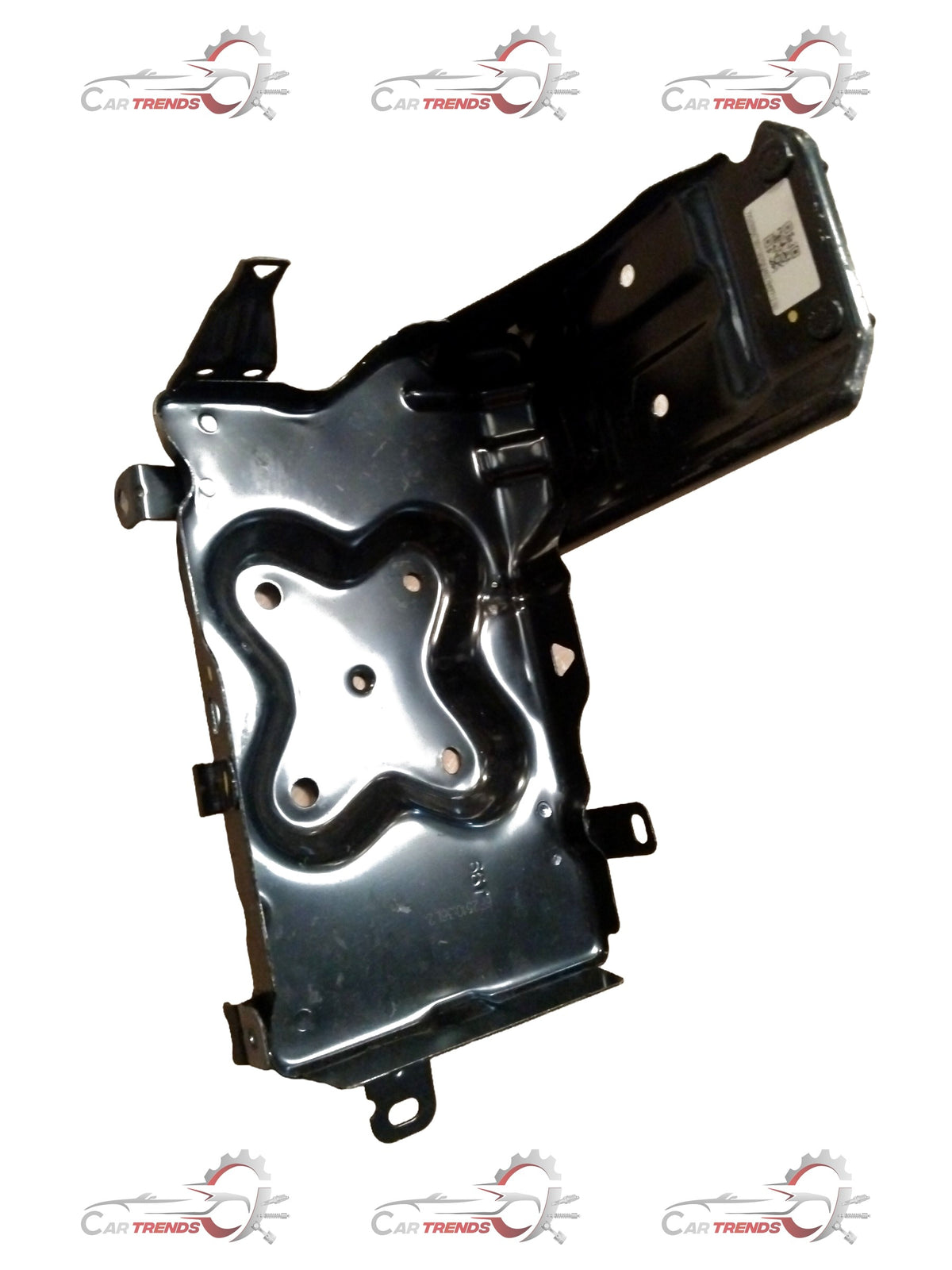 CarTrends battery tray component for Baleno, Swift, and Dzire, shown in black plastic with mounting points.
