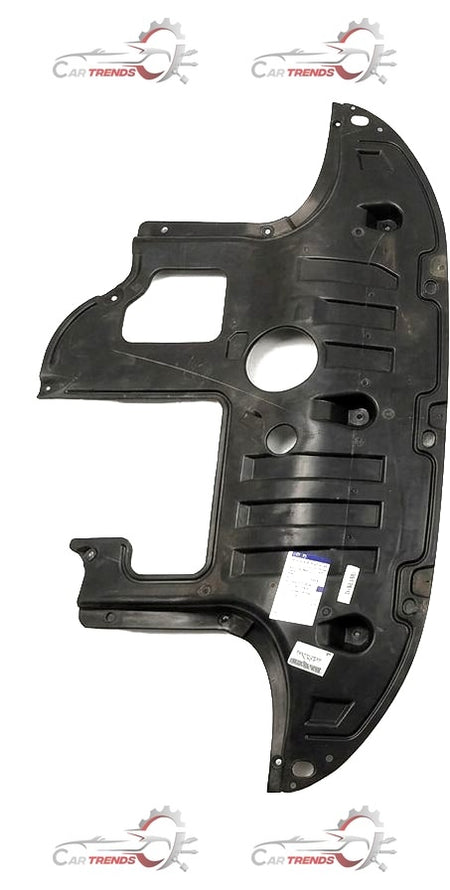 Hyundai Creta and Alcazar engine cover by CarTrends, black plastic with brand logo and mounting points visible in the image.