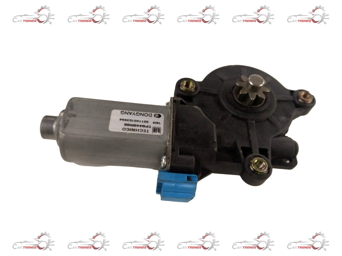 Front left power window motor for Chevrolet Aveo by General Motors, shown in a close-up view of the motor component.