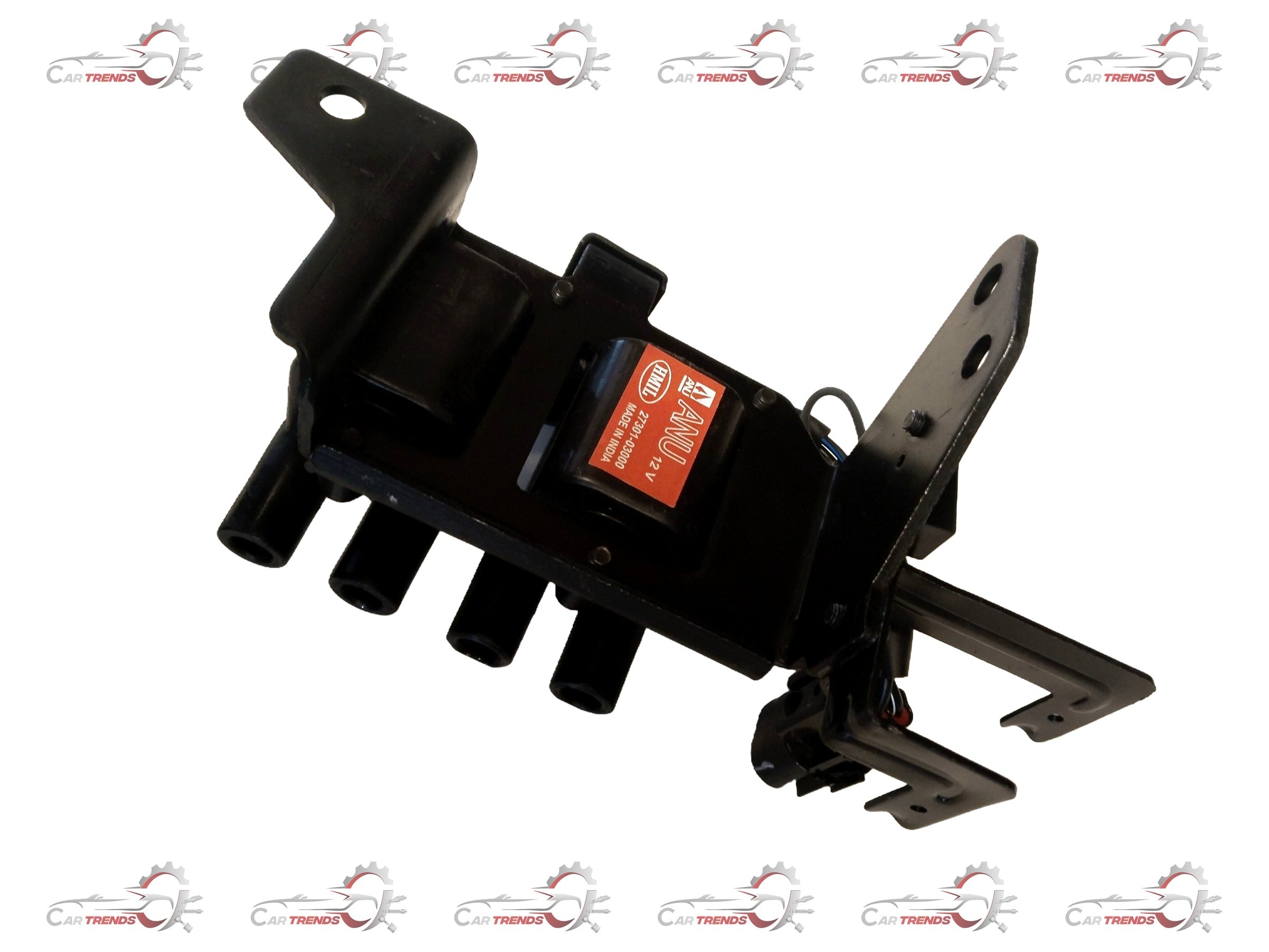 Hyundai coil ignition assembly for Santro, i10, Accent, Verna models, showing the black cylindrical ignition coil with wires.