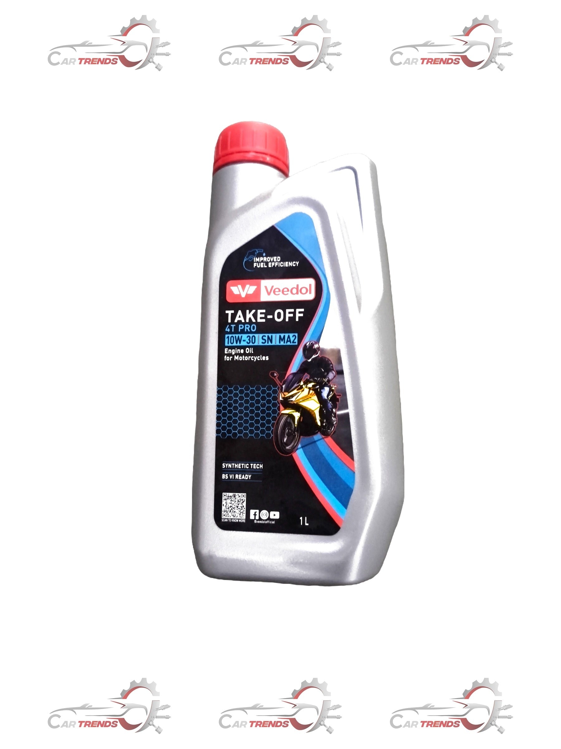 Container of Veedol Takeoff 4T Pro 10W 1L motorcycle engine oil with label showing product details.