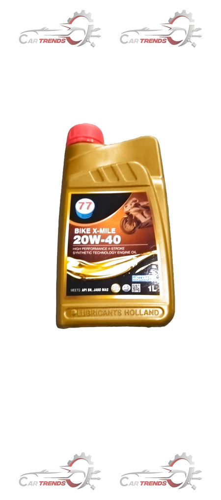 Bike engine oil bottle by 77 Lubricants, Xmile 20W40 SN, 1 liter pack for all bike variants.