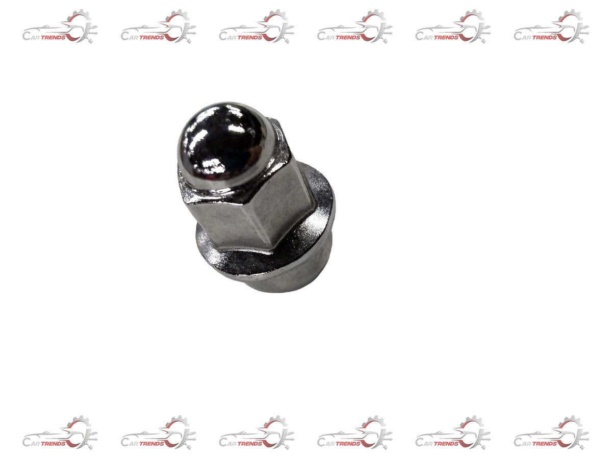 Chevrolet Tavera wheel nut, general motors brand, close-up view of the metal wheel nut for vehicle wheel attachment.