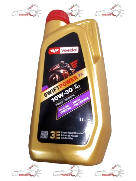 CarTrends SWIFTPOWER 7PI 10W-30 motor oil 1L bottle with VEEDOL branding and product label visible.