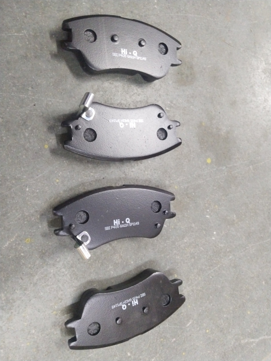 Front HI-Q brake pad for Hyundai Santro Xing, part number SP1149, showing the new, durable brake pad with metal backing plate.