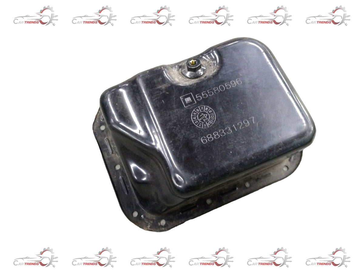 General Motors Chevrolet Enjoy engine oil pan showing the black metal component with bolt holes for installation.