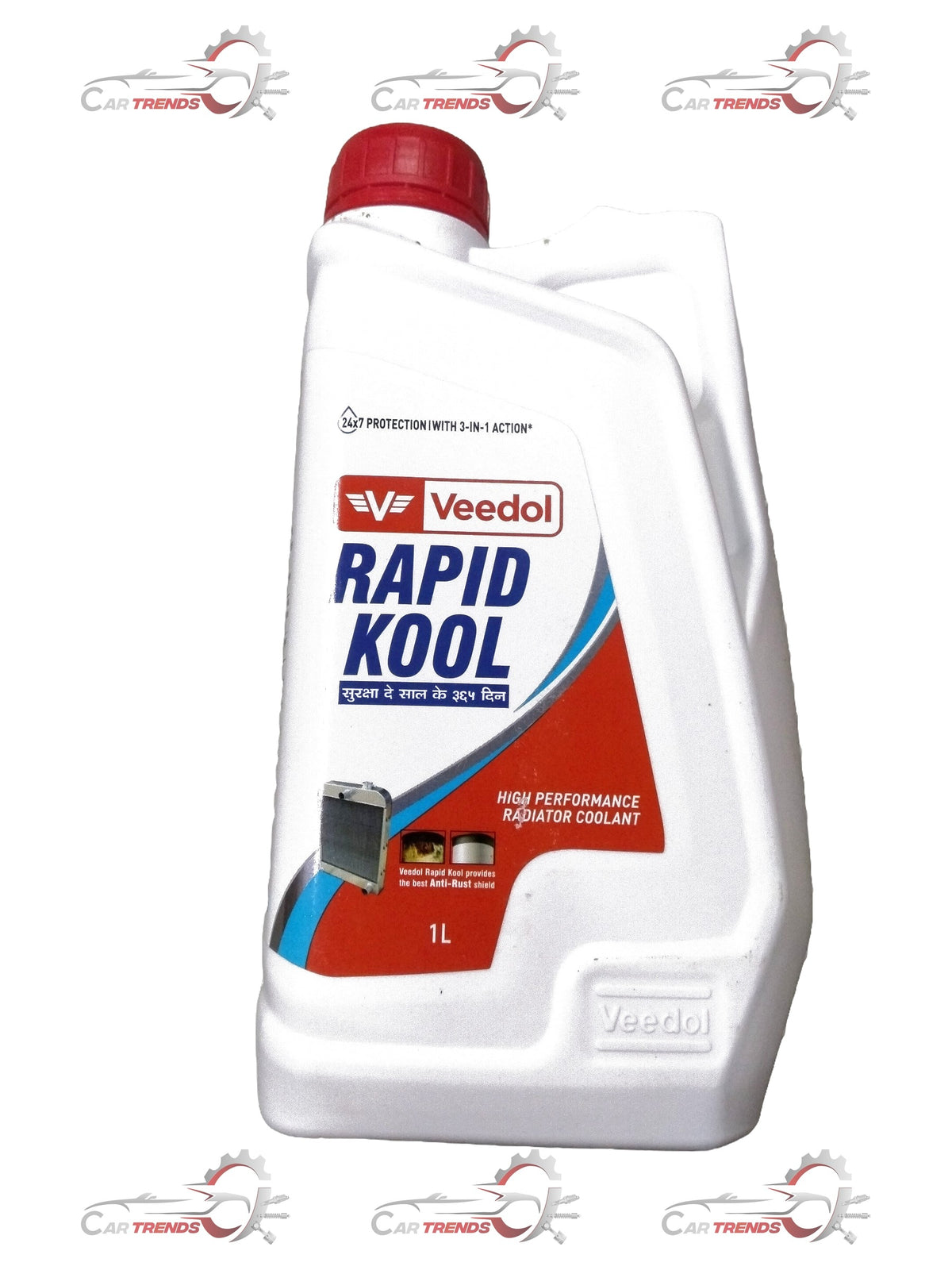 CarTrends Rapid Kool coolant bottle, 10x1 liter containers, with bright blue liquid and label visible.