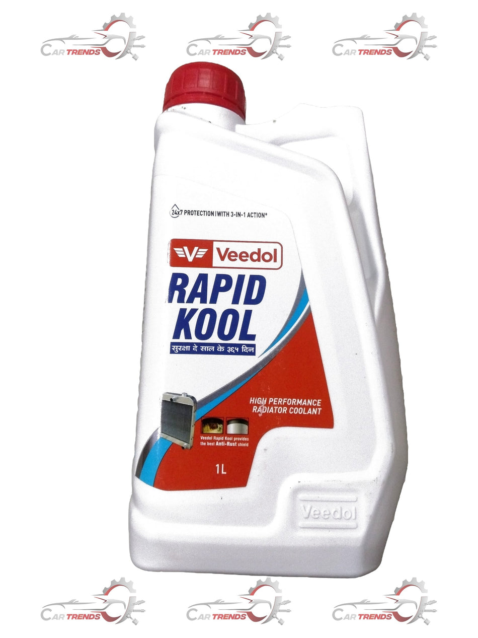 CarTrends Rapid Kool coolant bottle, 10x1 liter containers, with bright blue liquid and label visible.