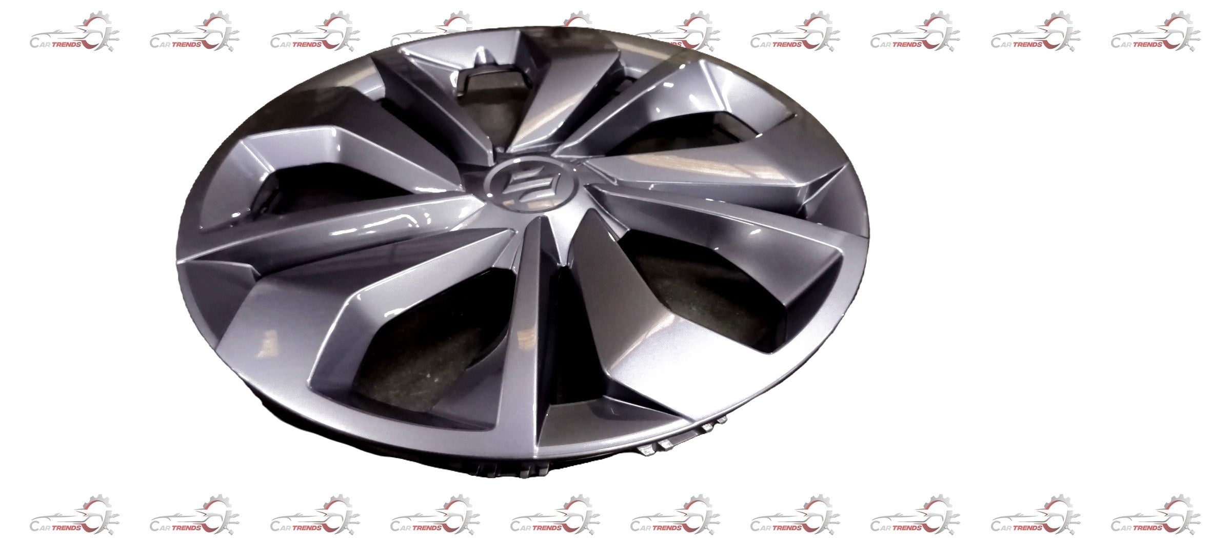 Maruti Suzuki full wheel hub cap assembly showing metal wheel cover with brand logo and mounting clips.