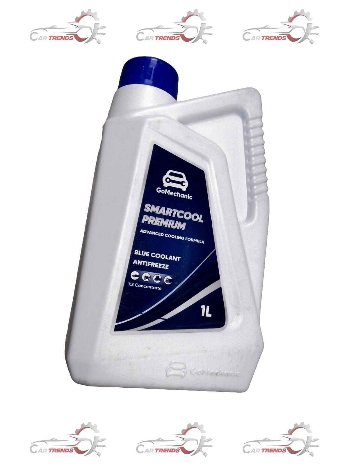 GOMECHANIC blue 1-liter coolant bottle for all cars and variants, shown with label and transparent container.