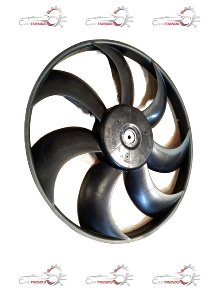 Hyundai Elite i20 cooling fan, black plastic with metal blades, mounted on a car radiator for engine cooling.