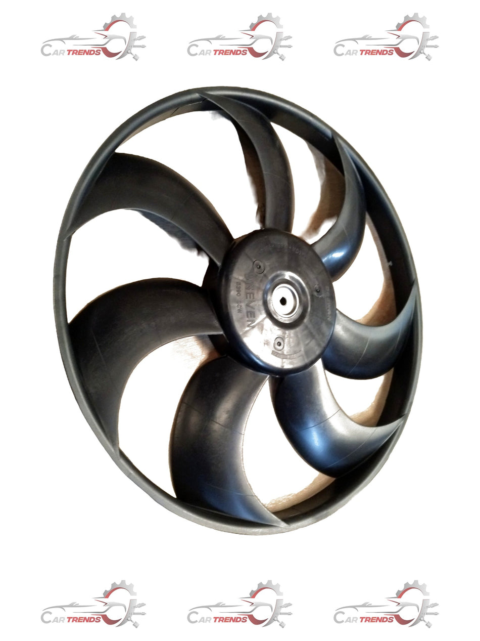 Hyundai Elite i20 cooling fan, black plastic with metal blades, mounted on a car radiator for engine cooling.