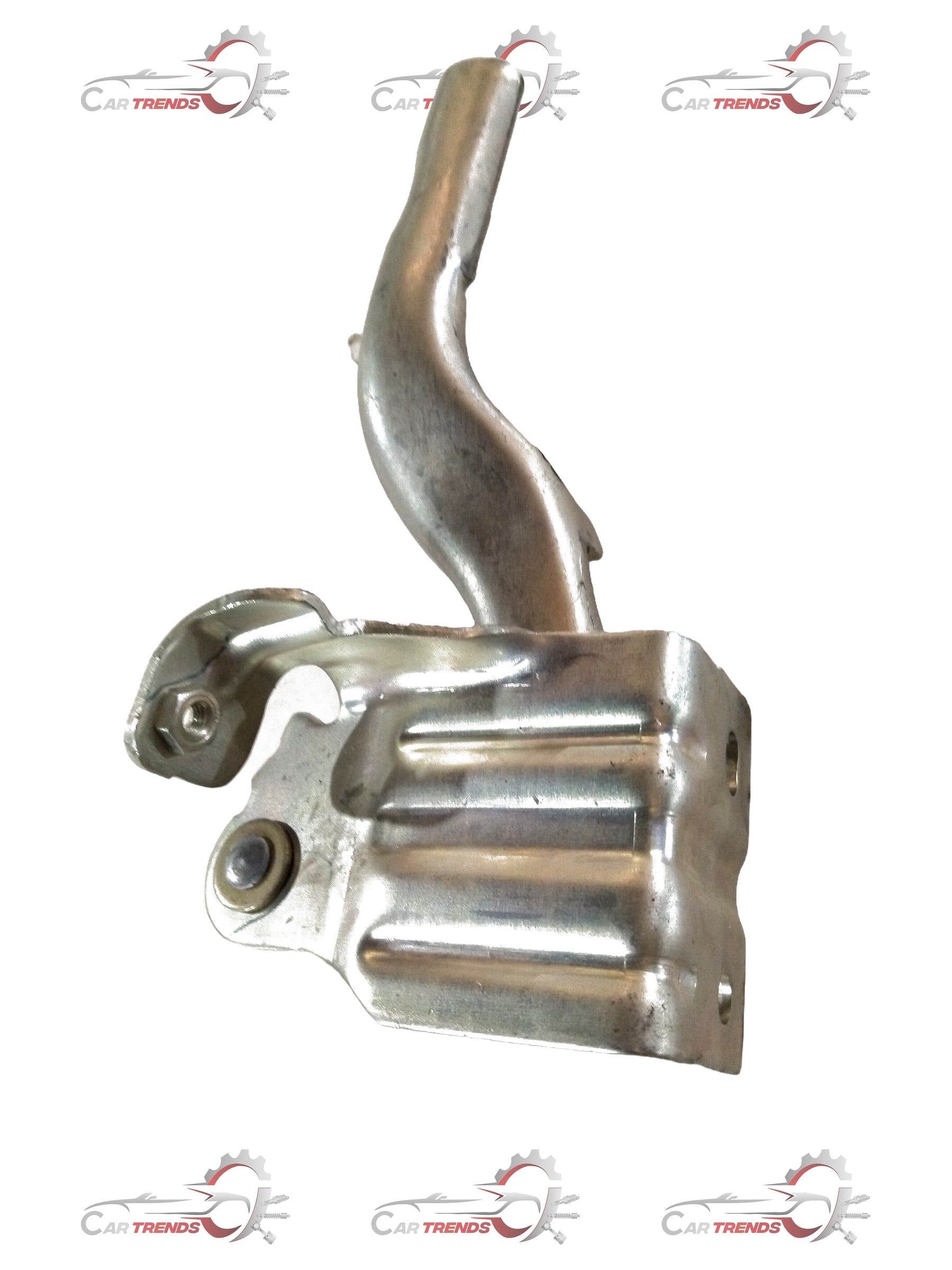 CarTrends Tata Tiago left-side bonnet hinge spare part, close-up view showing metal hinge mechanism and mounting points.