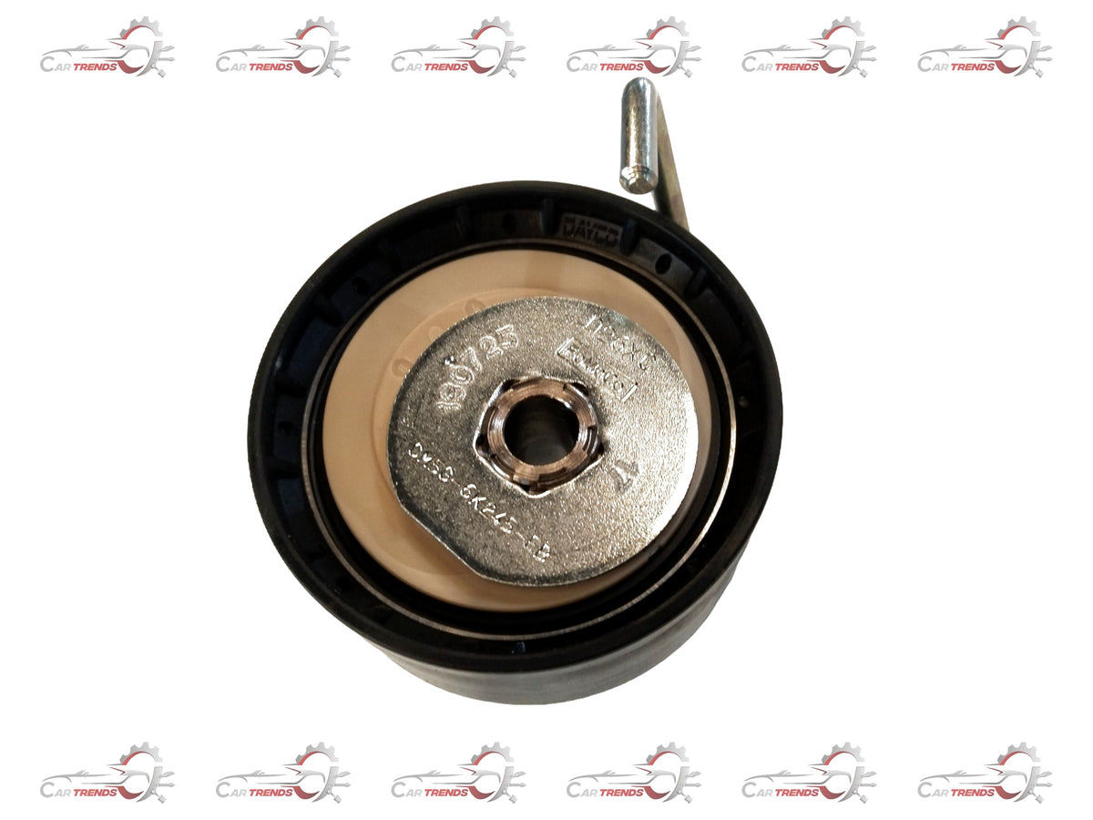 CarTrends Ford timing belt tensioner, part #CM5Z6K254A, showing the metal pulley and tensioner arm for engine belt maintenance.