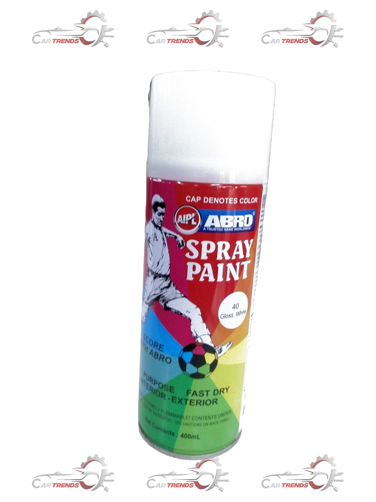 CarTrends spray paint for cars in gloss white, showing a can of automotive spray paint with the label clearly visible.
