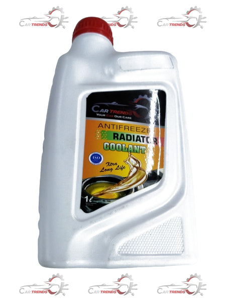 CarTrends yellow 1-liter coolant bottle for all cars, showing the bright yellow liquid and product label.
