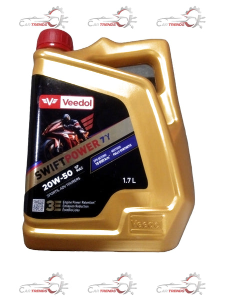 CarTrends Swift Power 7Gama 20W50 motor oil in six 1.7L containers, showing the oil bottles with labels and caps.