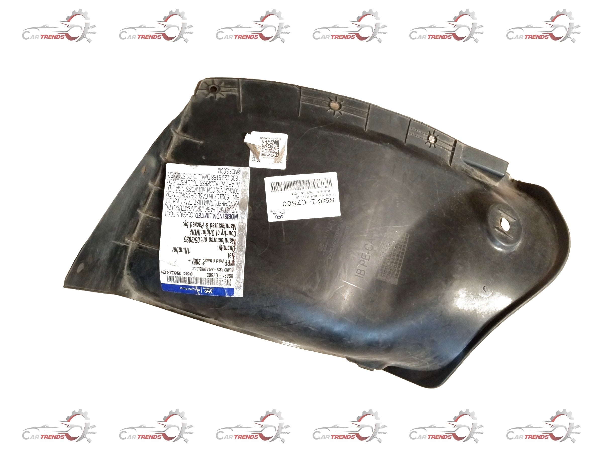 Hyundai I20 Elite LH rear fender lining, black plastic car part with textured surface, for vehicle protection and interior finishing.