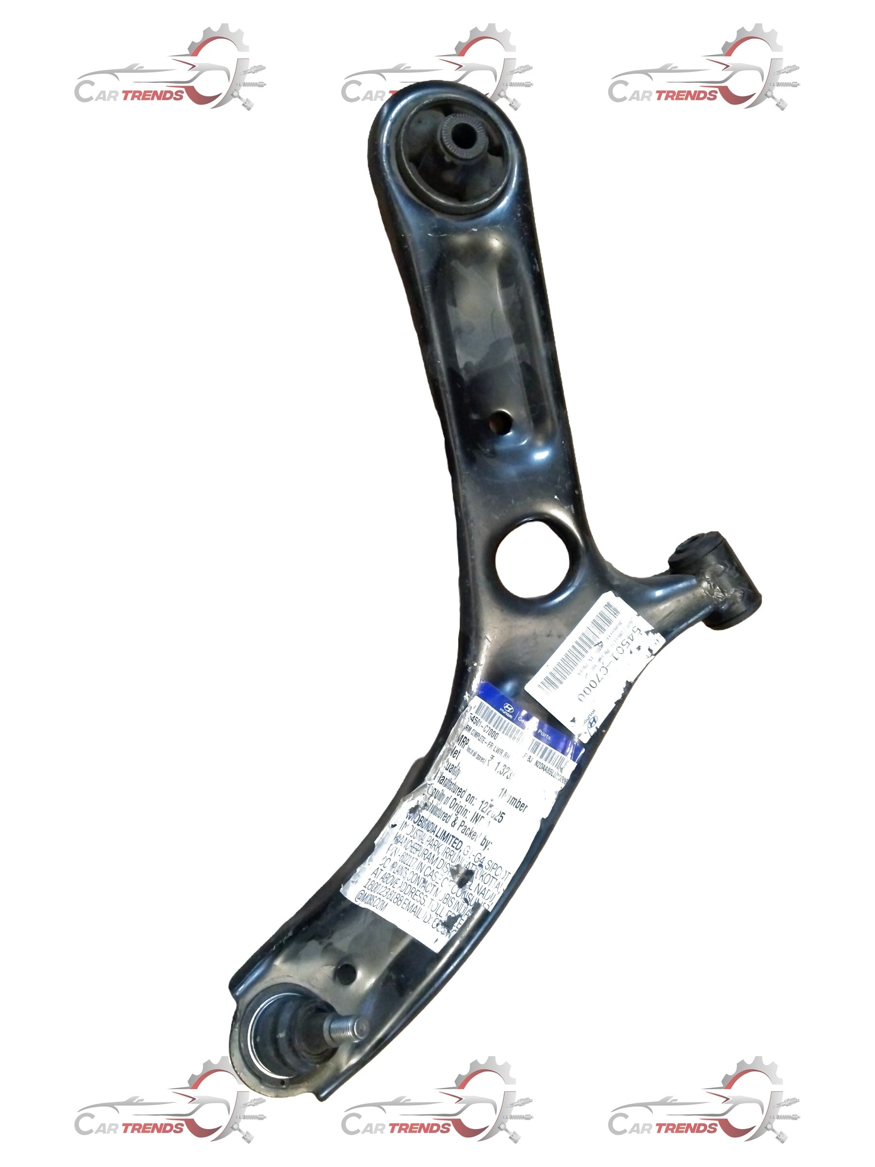 Hyundai I20 Elite front right suspension arm by CarTrends, showing the metal component with mounting points.