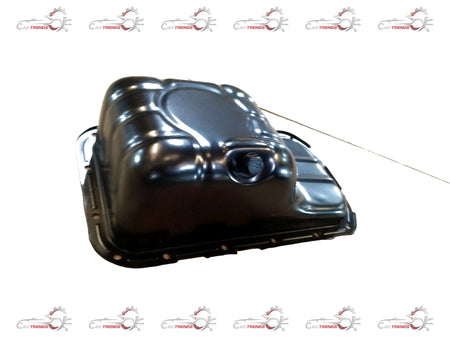 Hyundai engine oil pan assembly, automotive part for Hyundai vehicles, showing the metal oil pan with bolt holes and gasket surface.
