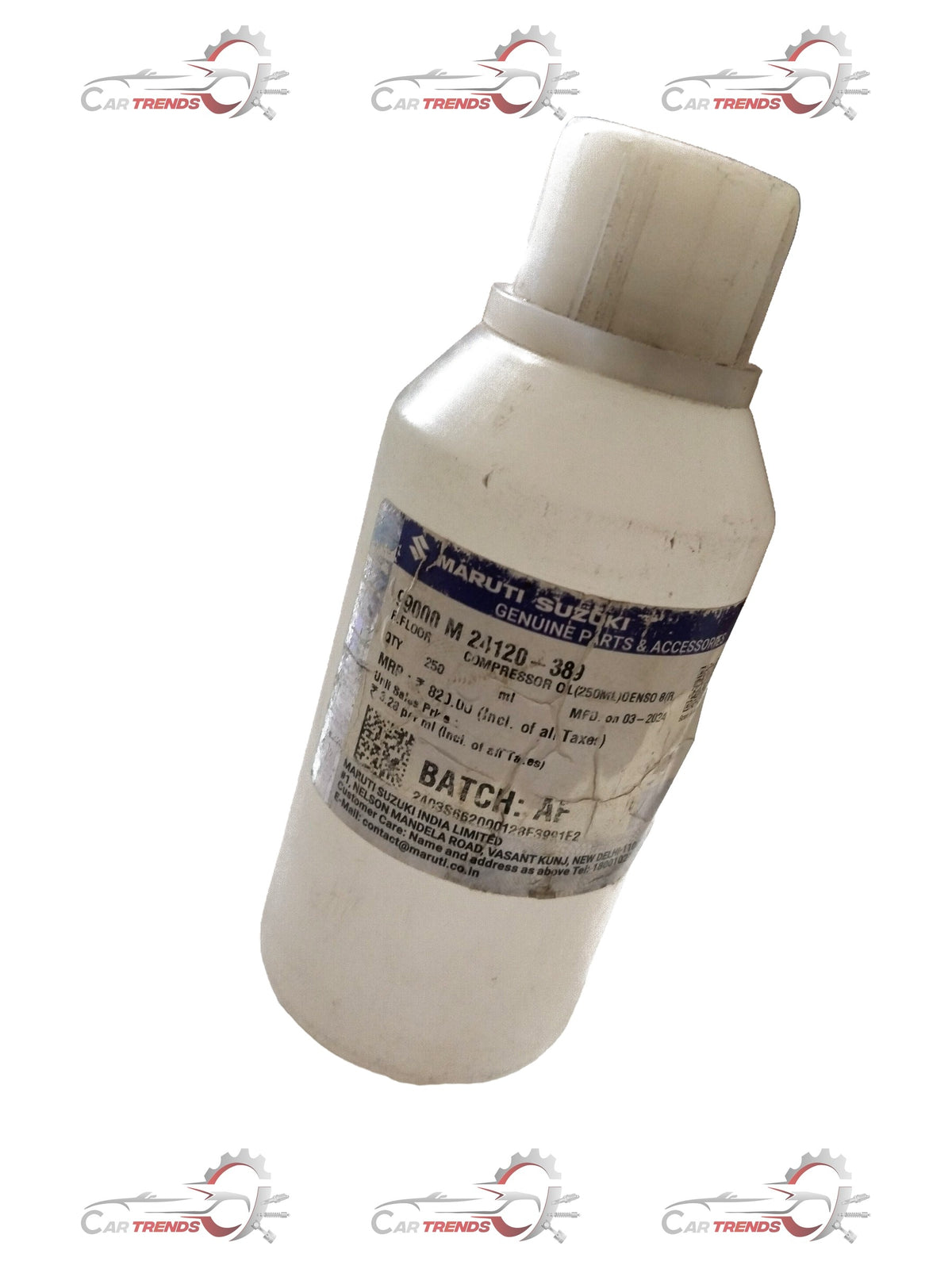 CarTrends air conditioning compressor oil for Swift, Dzire, Baleno, Ertiga, spare parts, with container and label visible.