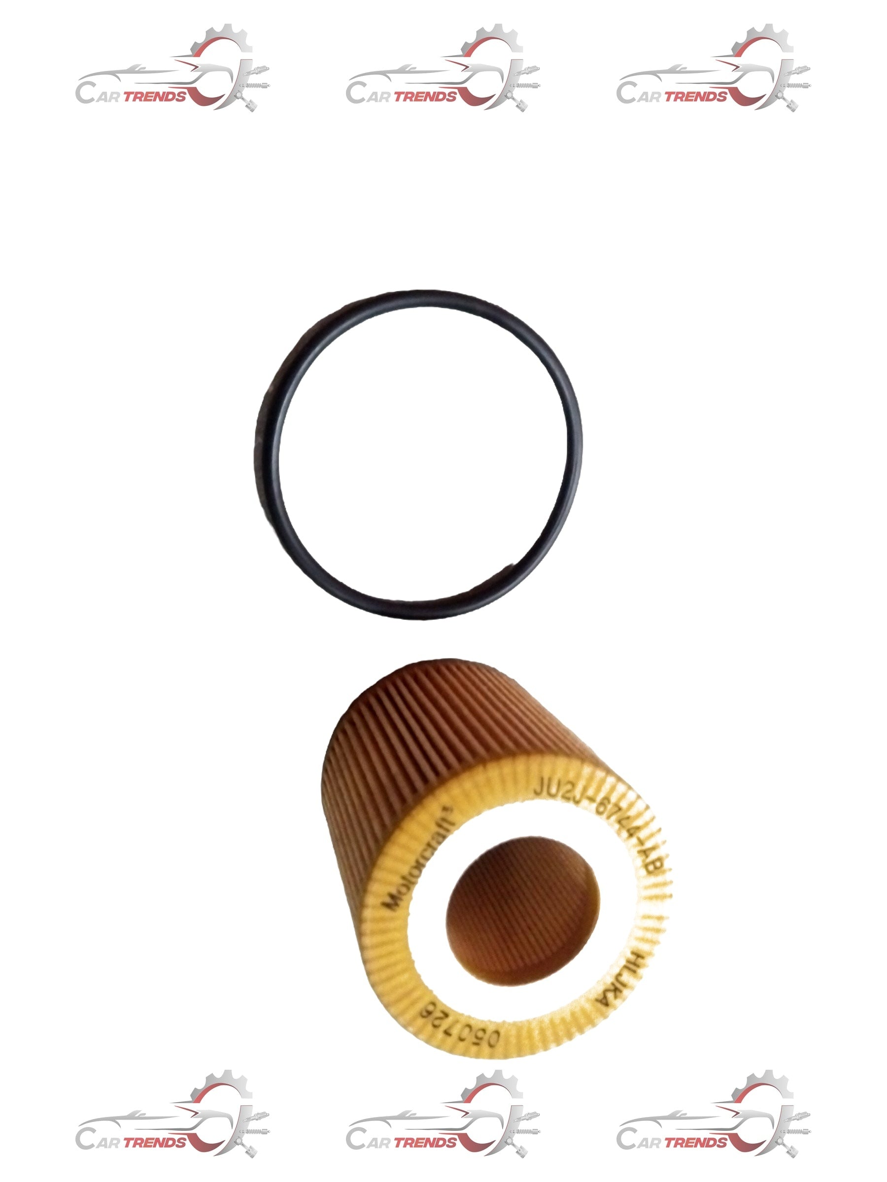 Ford oil filter for Ford vehicles, model JU2Z6731B, showing the cylindrical metal component with threading and sealing gasket.