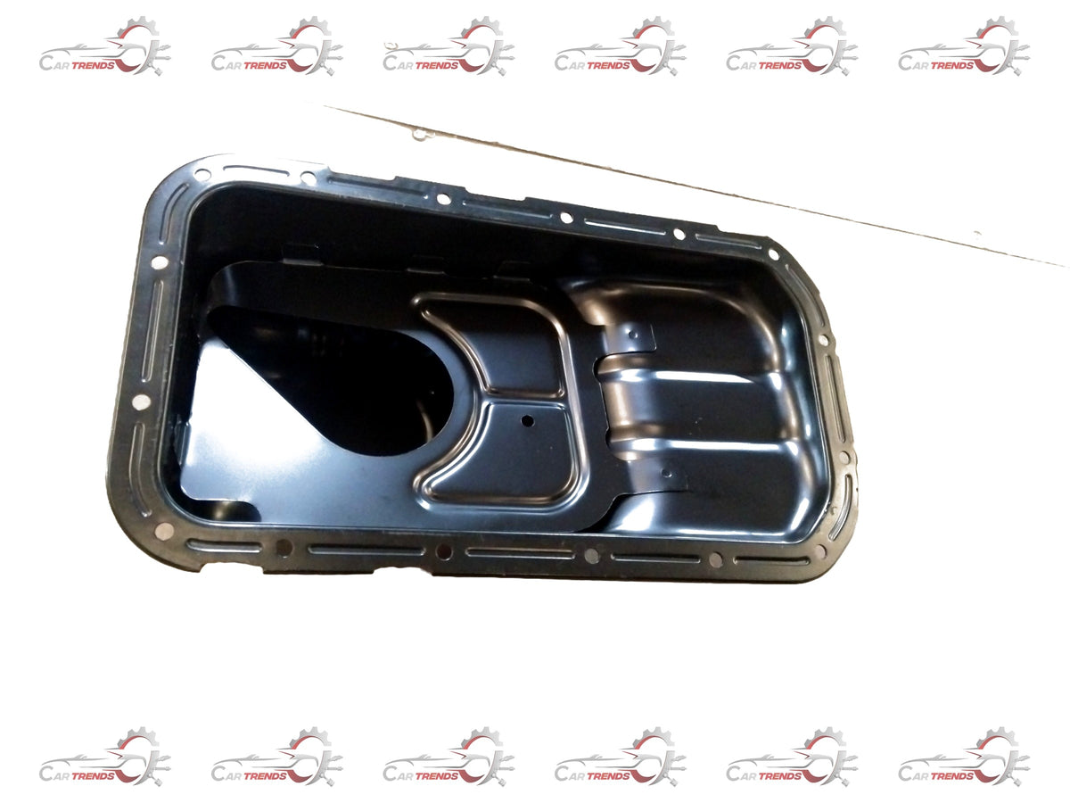 Hyundai engine oil pan assembly, black metal part with mounting holes, designed for Hyundai vehicle engine lubrication system.