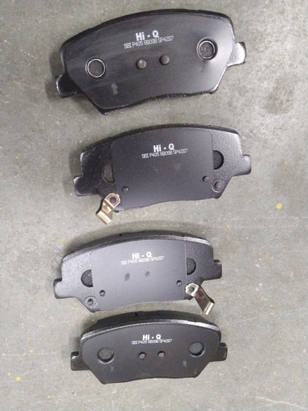 HI-Q front brake pad for Creta, Seltos, Sonet, Alcazar, Curan, high-quality auto part, shows the brake pad with branding and details.