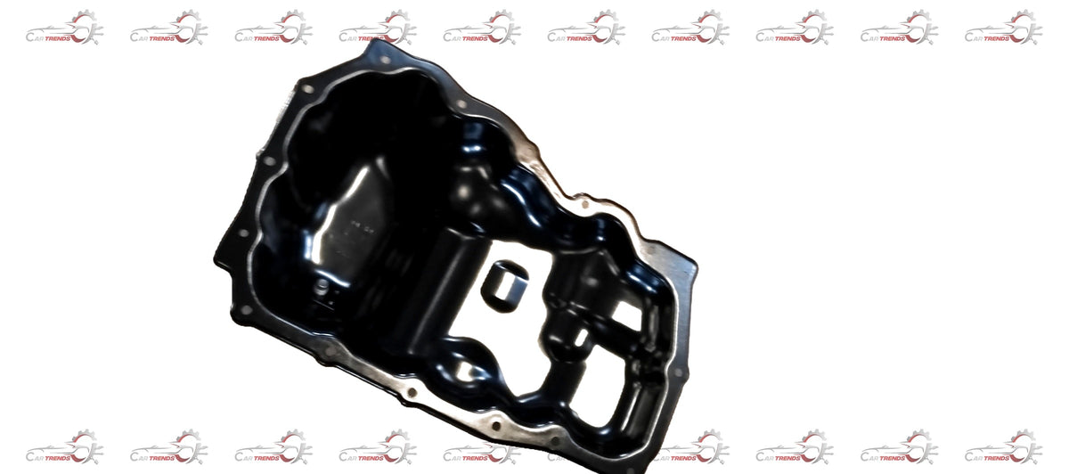 CarTrends Ford engine oil pan JB3Z6675A, black metal engine oil pan with mounting holes and gasket surface for engine protection.
