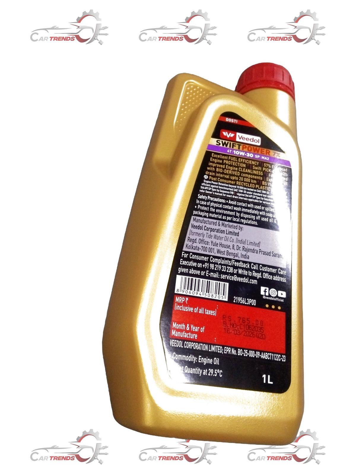 SwiftPower 7PI 10W-30 motor oil bottle by Veedol, 1-liter container with brand label and product details visible.