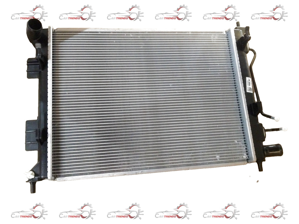 Hyundai Radiator Assembly for Grand i10 and Xcent (2013-2019) petrol models, showing the radiator core and mounting points.